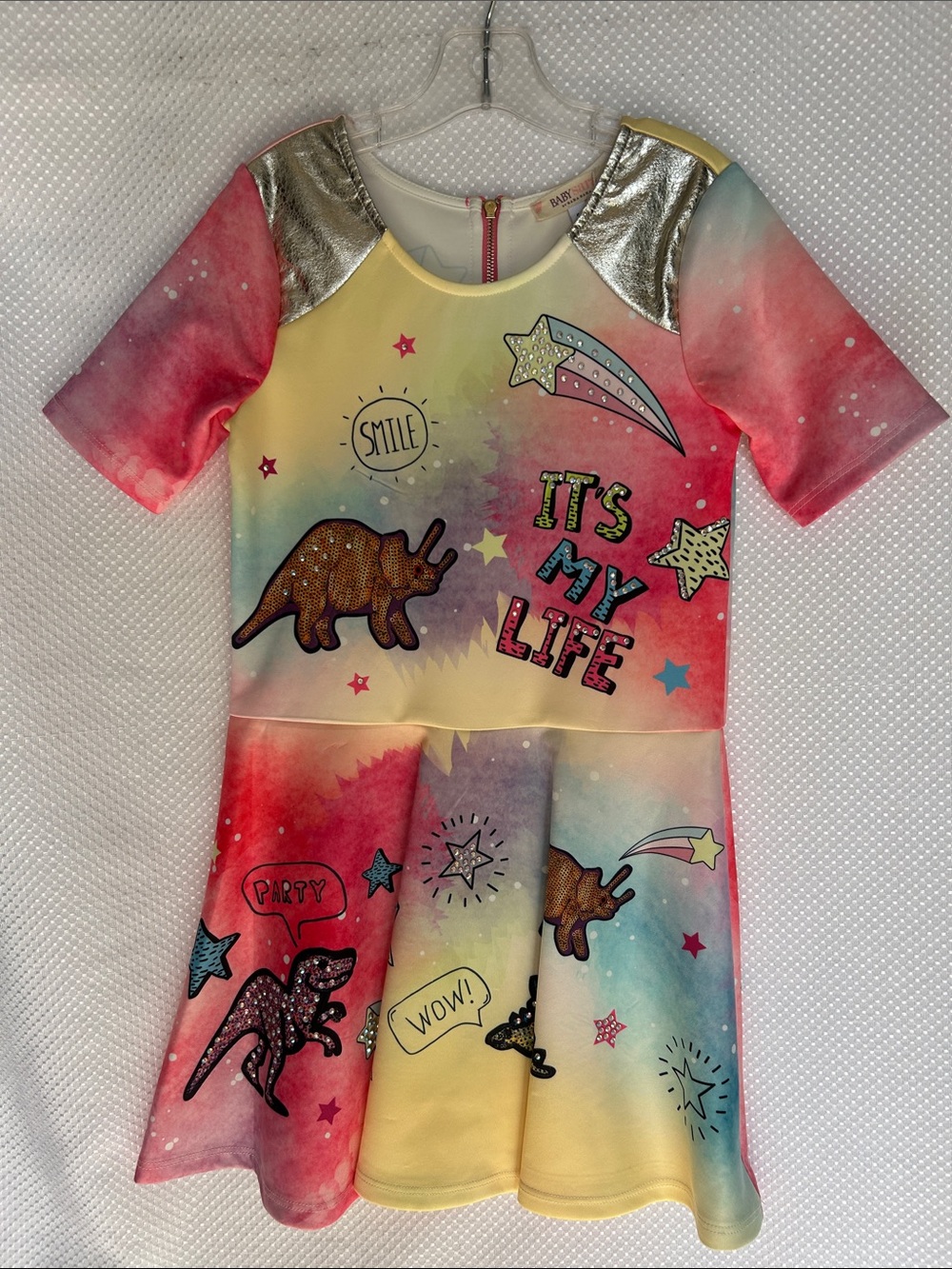 Baby Sara by Sara Sara Pink Yellow Blu Gradient Dino Print Casual Kids Dress NWT